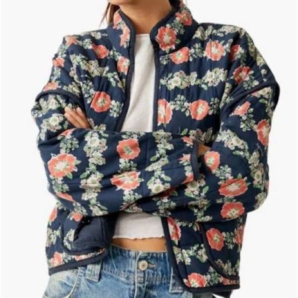 Free People Navy Floral Quilted Puffer Jacket with Coral & Cream Flowers